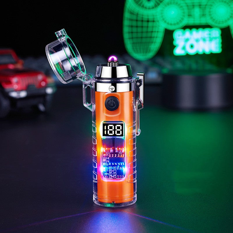 Transparent Shell Dual Arc USB Charging Lighter Outdoor Waterproof LED Colorful Light Power Display Illumination Light Gadgets