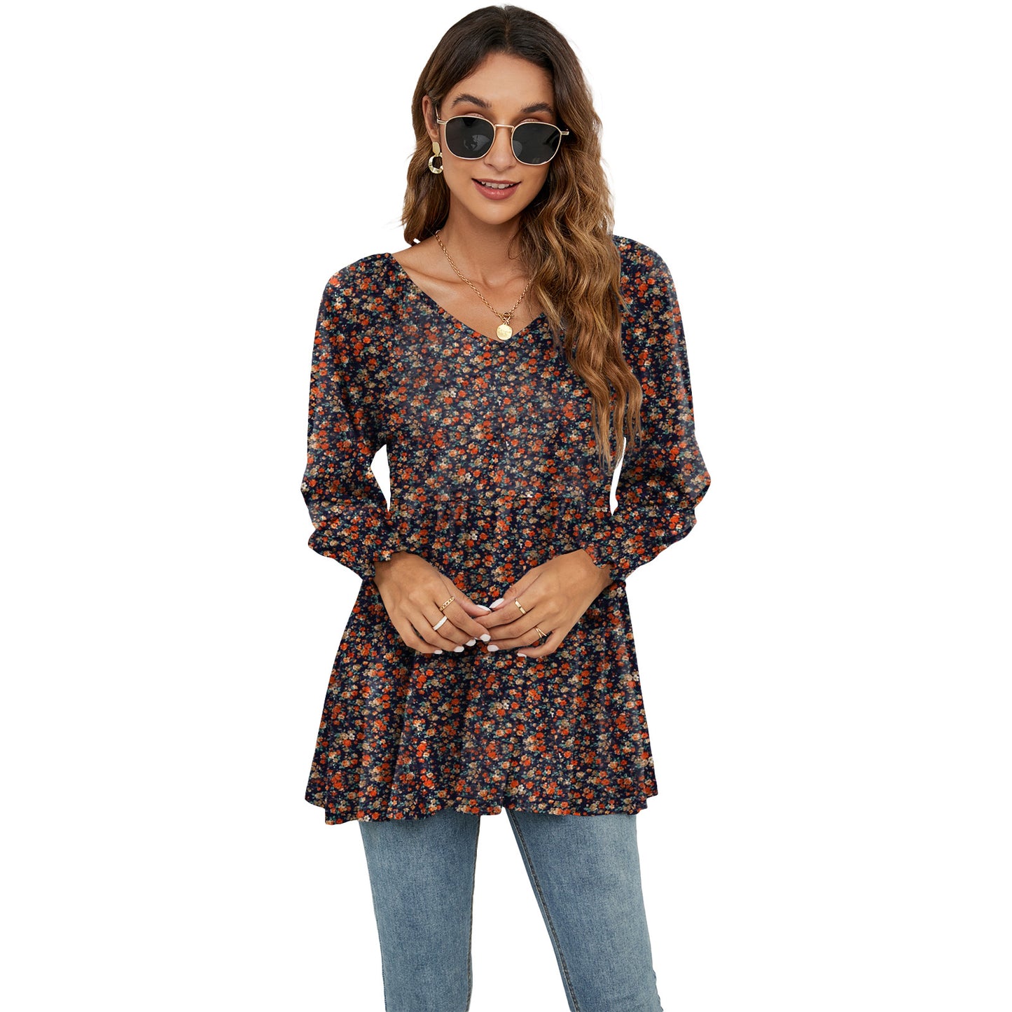 Floral Print Casual V-Neck Long Sleeve Blouse