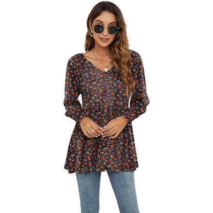 Floral Print Casual V-Neck Long Sleeve Blouse