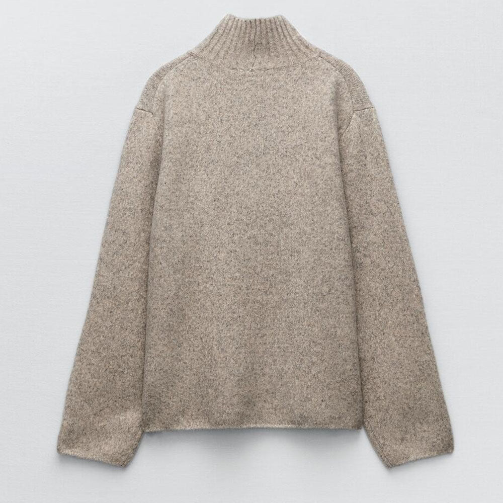 Puff Sleeve High Collar Sand Tone Knitwear Pullover and Mini Skirt