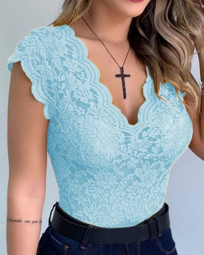 Sheer Mesh Foral Embroidery Scallop Edge V Neck Lace Vest