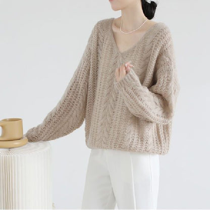 Mohair Cable Knit Long Sleeve V Neck Knitwear Sweater