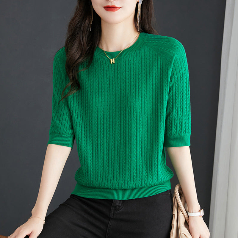 Thin Loose Twist Embroidery Half Sleeve Top