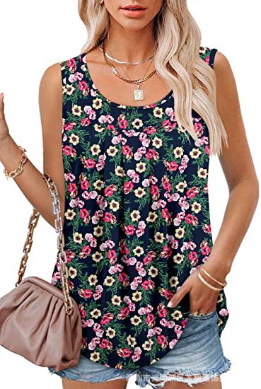 Round Neck Tank Sleeveless Tops Summer Loose Pleated Printed Vest Women