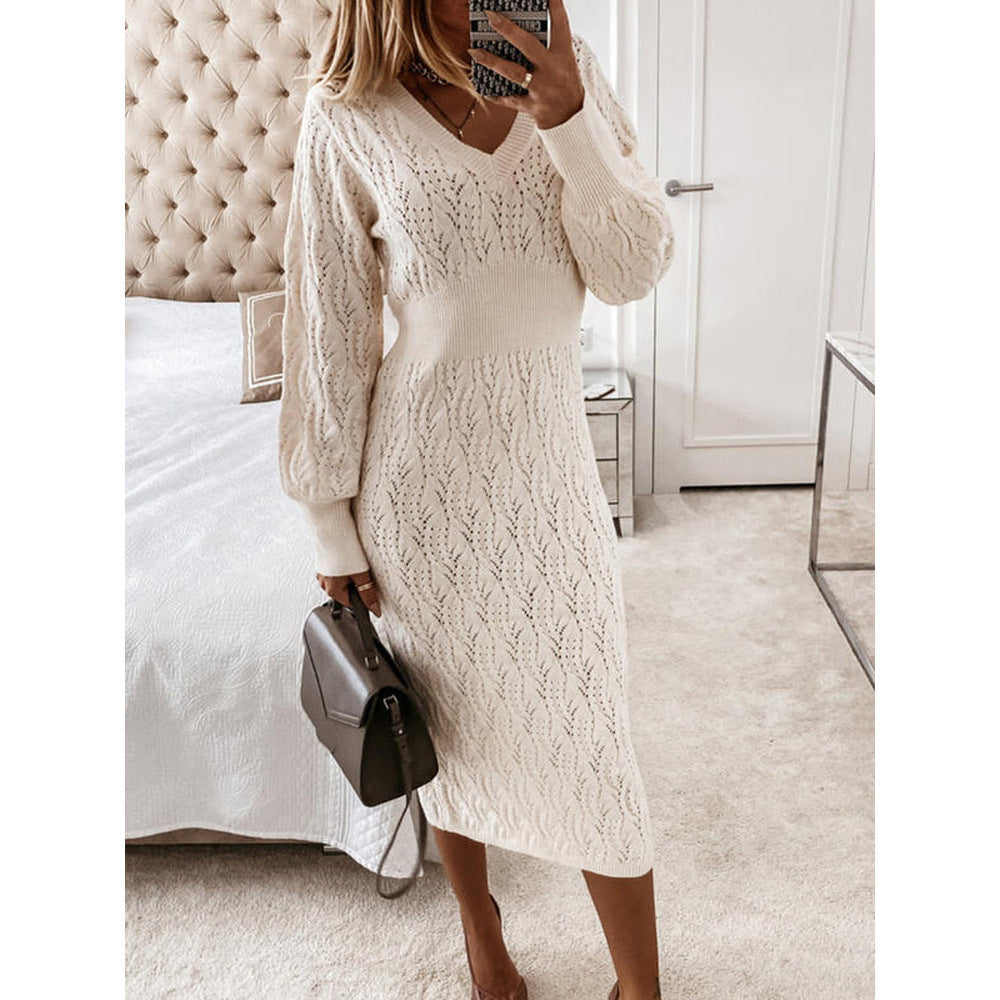 White Long Sleeve Knitwear Women's Sheath Dress