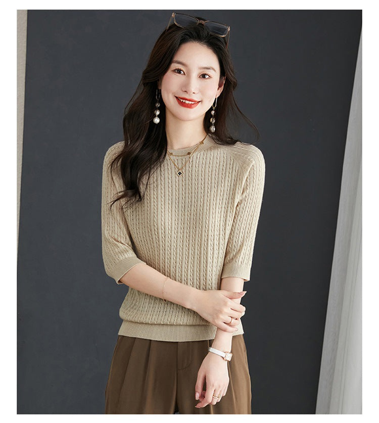 Thin Loose Twist Embroidery Half Sleeve Top