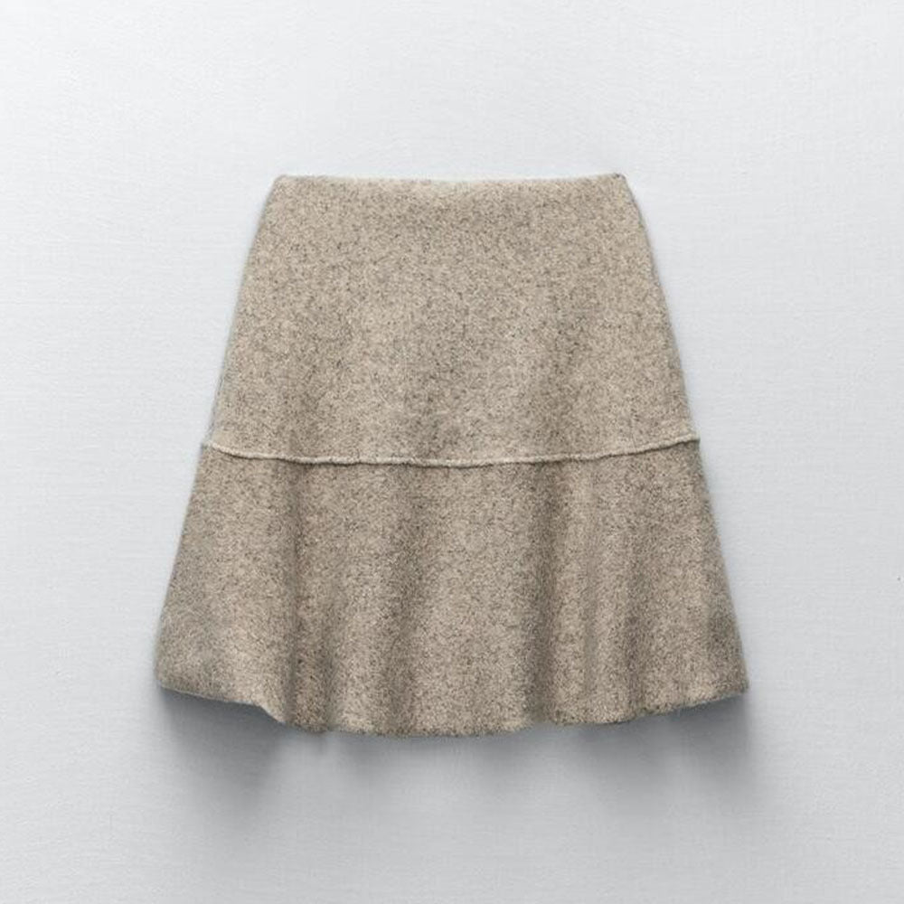 Puff Sleeve High Collar Sand Tone Knitwear Pullover and Mini Skirt