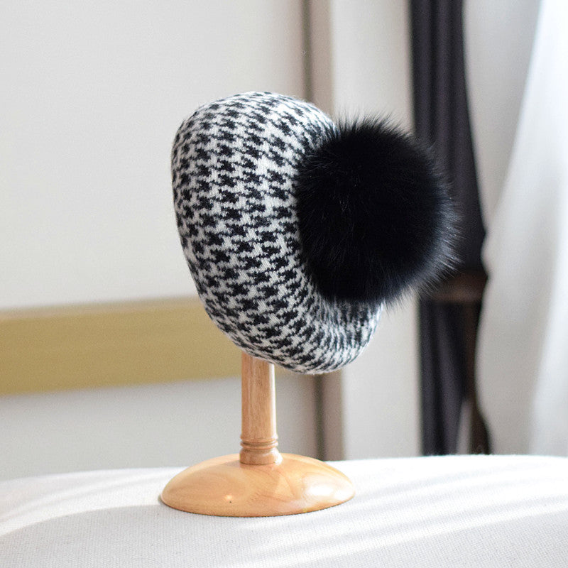 Women's Autumn And Winter Fox Fur Ball Knitted Octagonal beanie