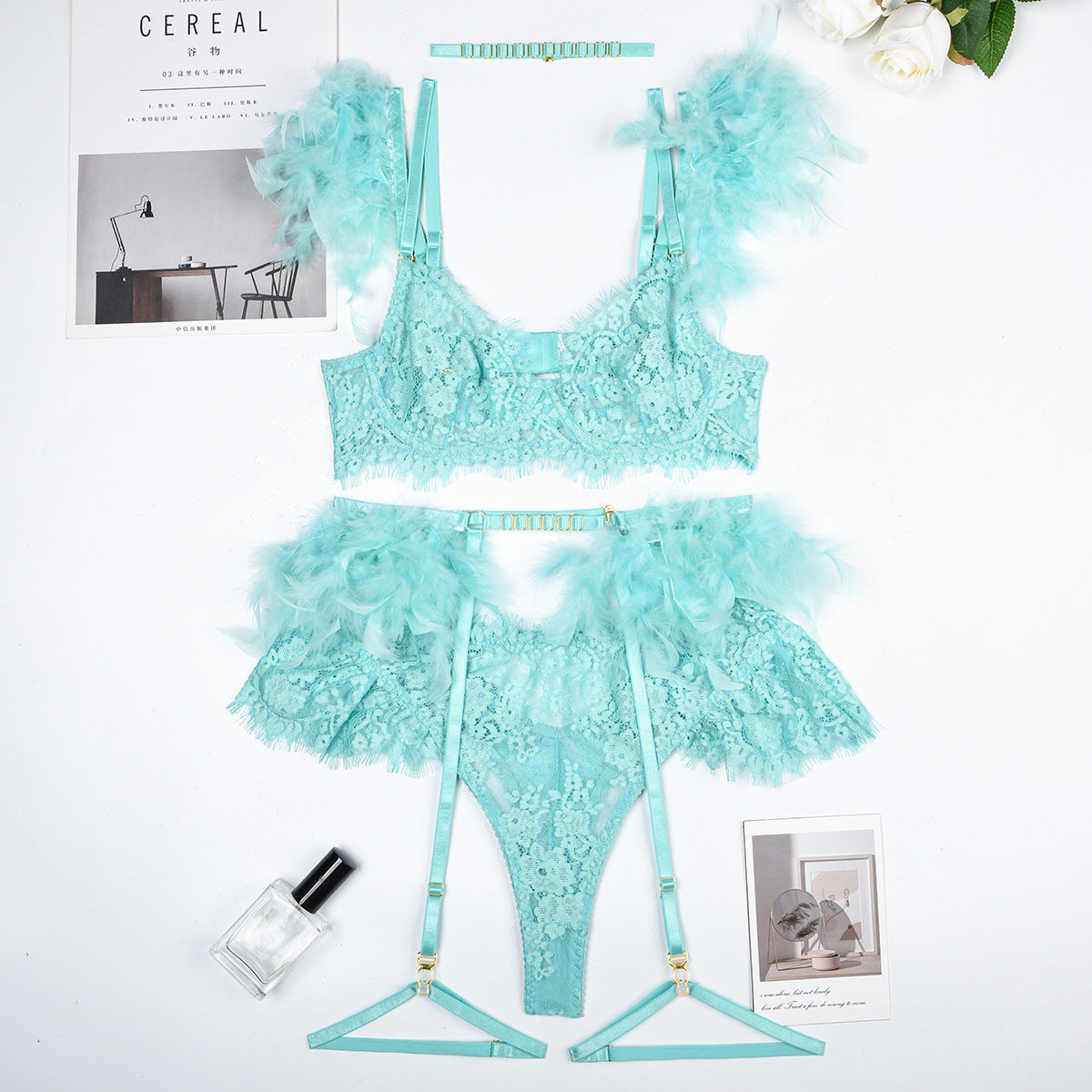 Feather Trim Lace Lingerie Set