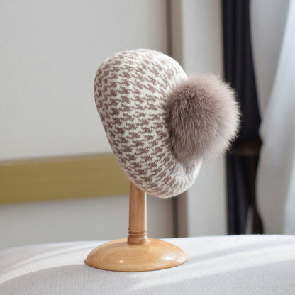 Women's Autumn And Winter Fox Fur Ball Knitted Octagonal beanie