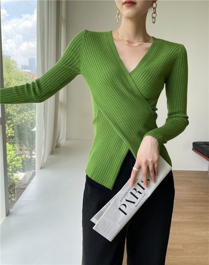 V-neck Cross Design Irregular Slim-fit Knitwear