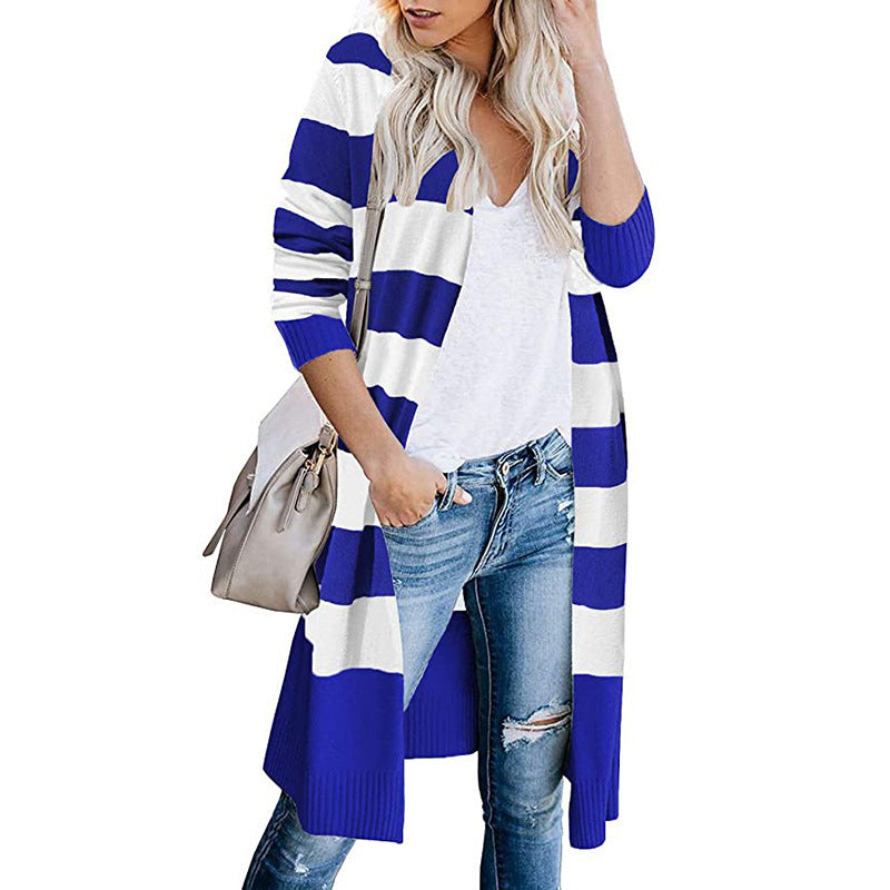 Two Tone Striped Full Length Cardigan