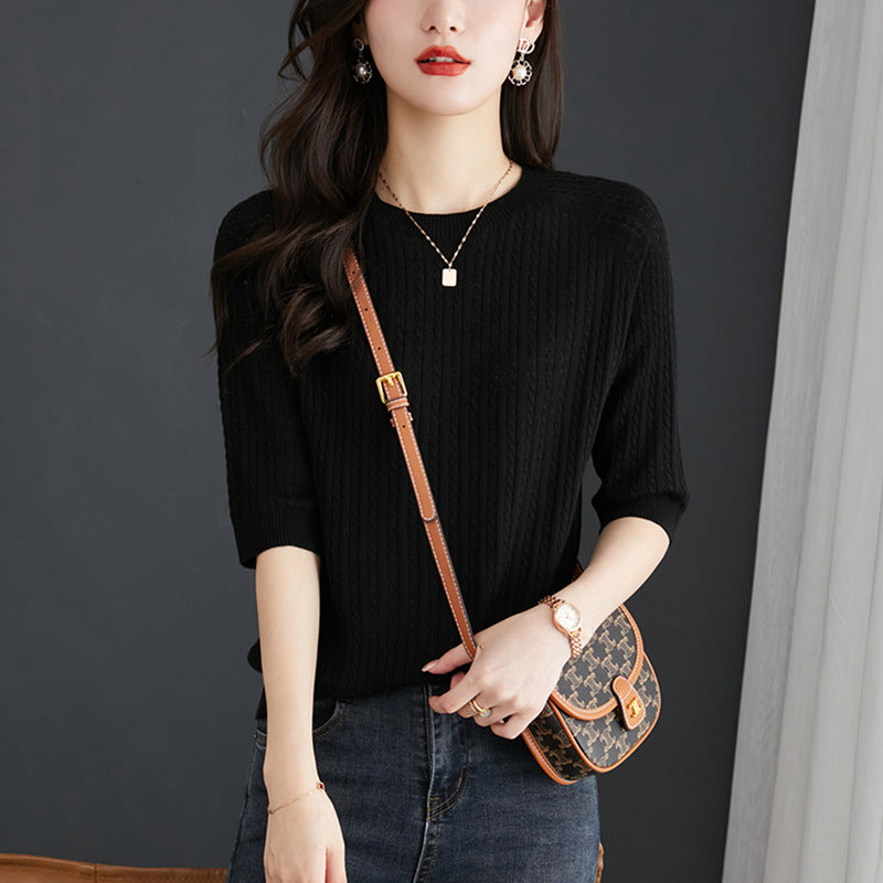 Thin Loose Twist Embroidery Half Sleeve Top