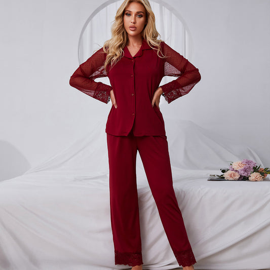 Red Net Gauze Long-sleeved Top And Trousers Pajama Set