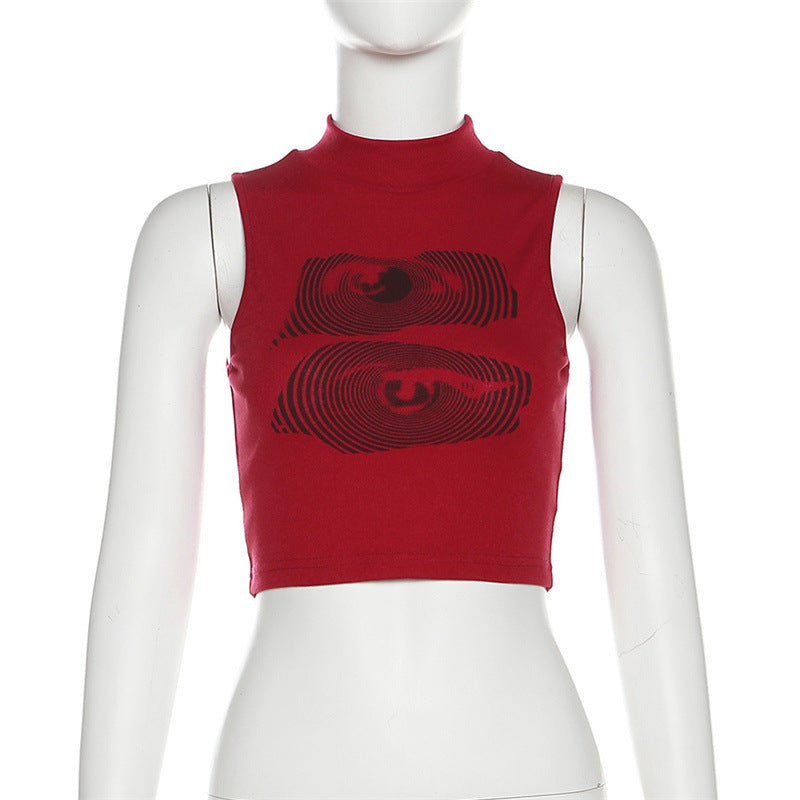 Sleeveless Graphic Eye Printed Crop Tank