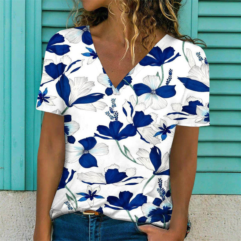 Casual Floral Print Short Sleeve V-Neck Pullover