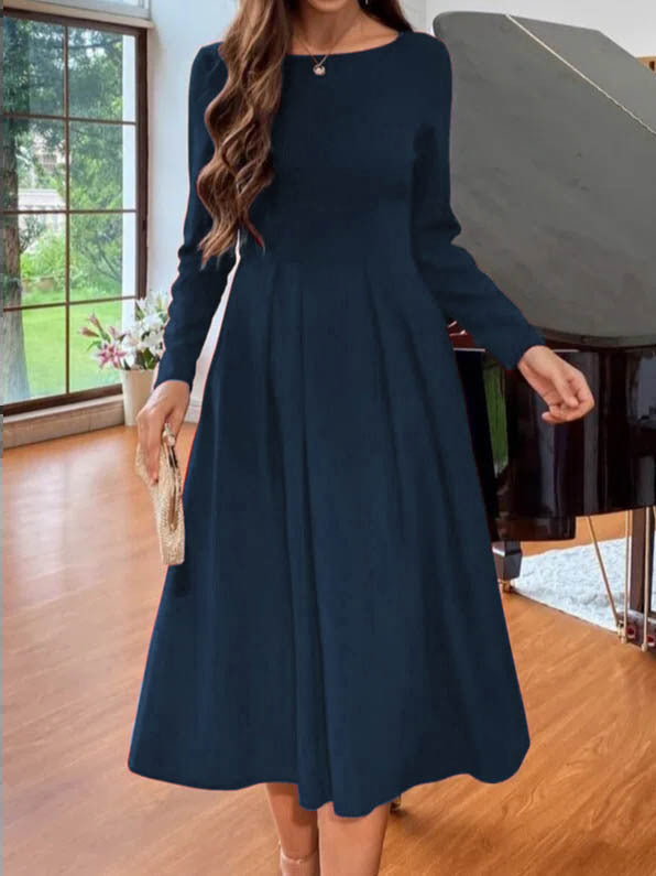 Casual Round-neck Long-sleeved Pleated Dress