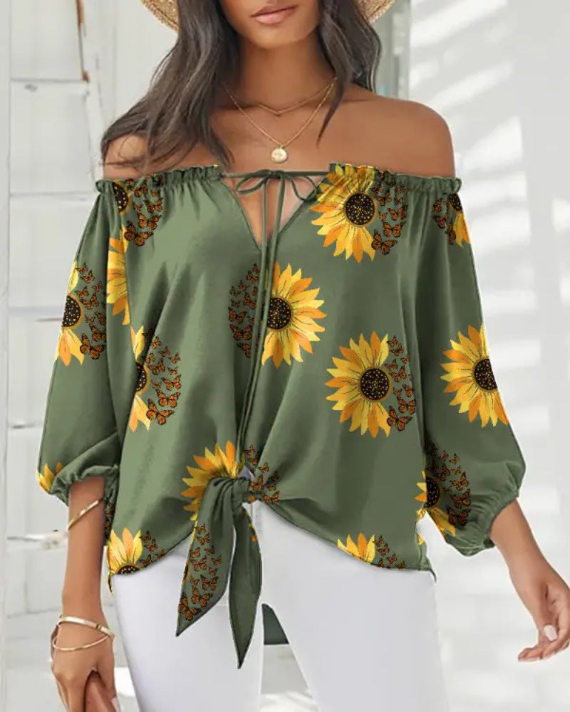 Sexy Off Shoulder Printed Chiffon Shirt Women Fashion Tied Detail Long Sleeve Pullover Tops Street Vintage Lady Blouse