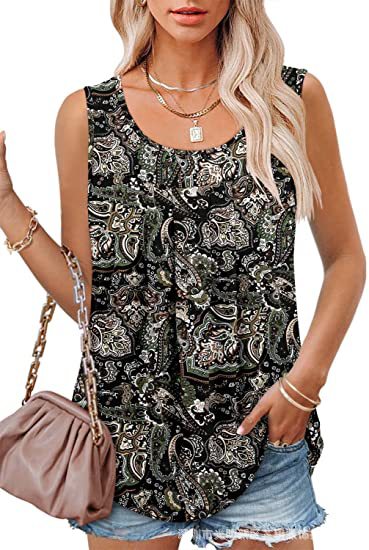 Round Neck Tank Sleeveless Tops Summer Loose Pleated Printed Vest Women