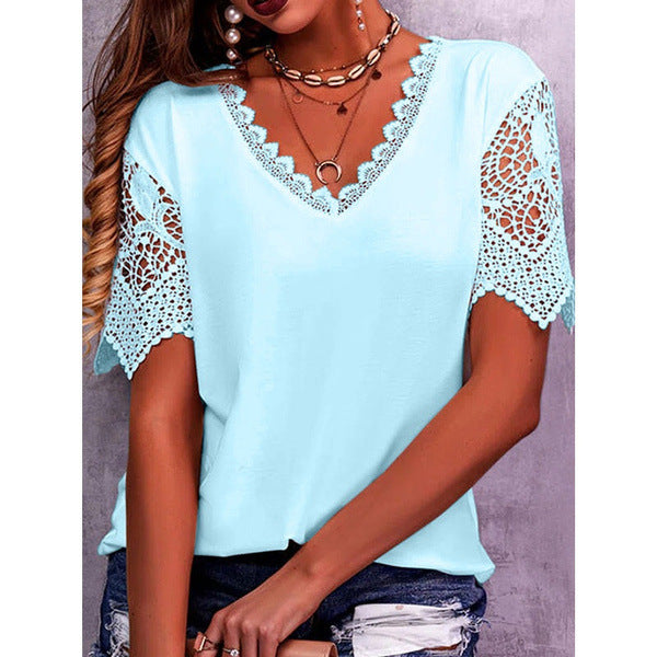 Loose V Neck Short Sleeve Lace Top