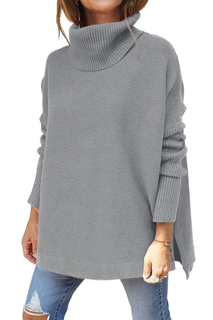 Turtleneck Sweater Mid Length Batwing Sleeve Slit Hem Tunic Pullover