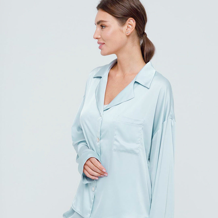 Simple And Fashionable V-neck Long-sleeved Satin Pajama Set