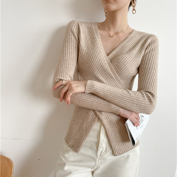 V-neck Cross Design Irregular Slim-fit Knitwear