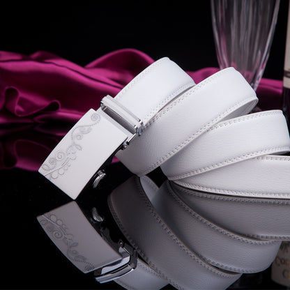 White Leather Alloy Automatic Buckle Belt