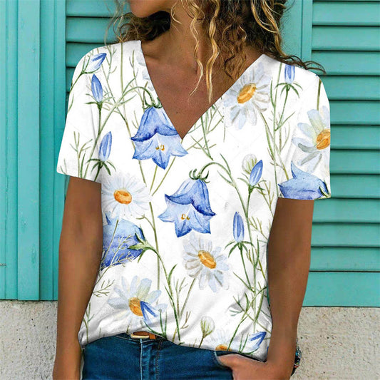 Casual Floral Print Short Sleeve V-Neck Pullover