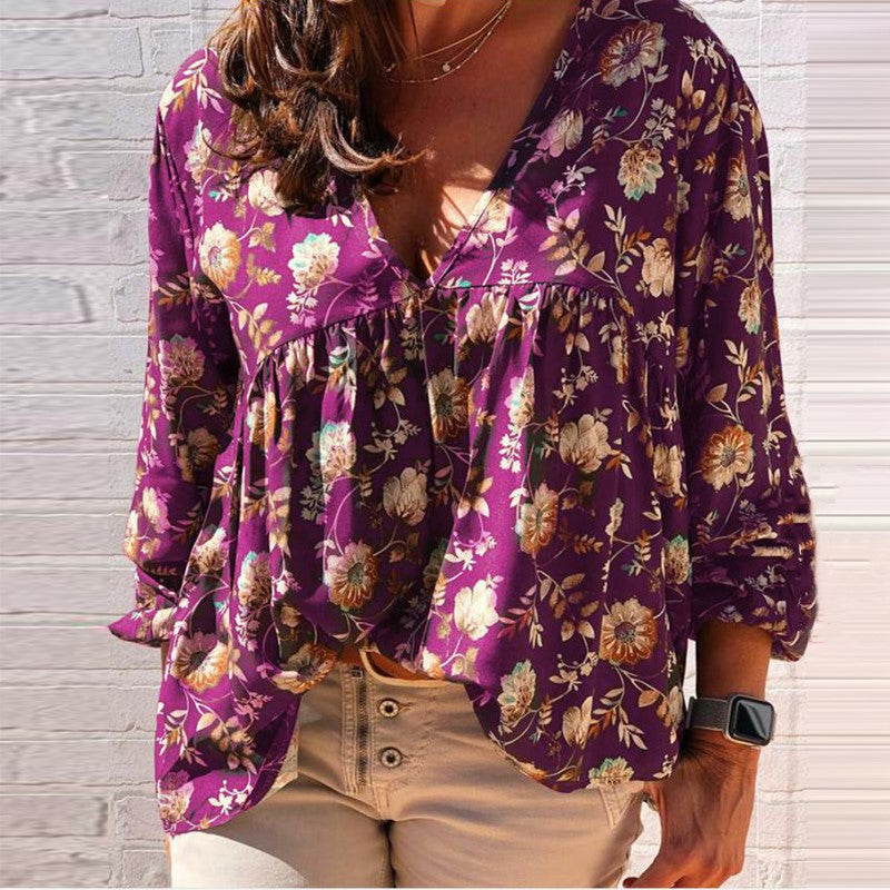 Soft Smooth Casual Floral Print Long-sleeved V Neck Blouse