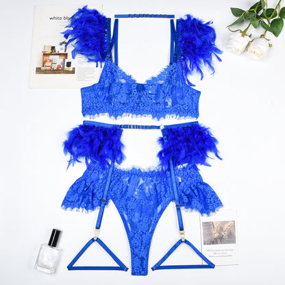 Feather Trim Lace Lingerie Set