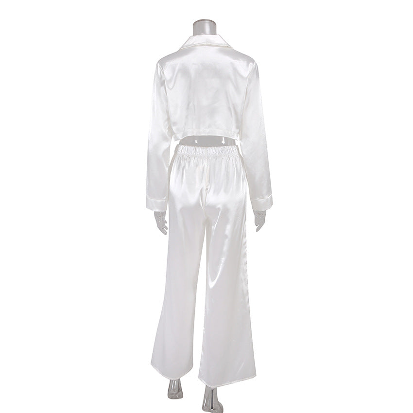 Ice Silk Pajama Suit White Casual Fashion