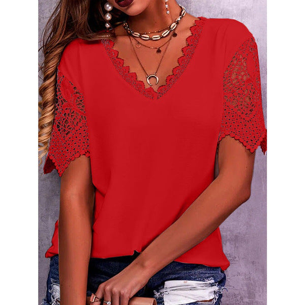 Loose V Neck Short Sleeve Lace Top