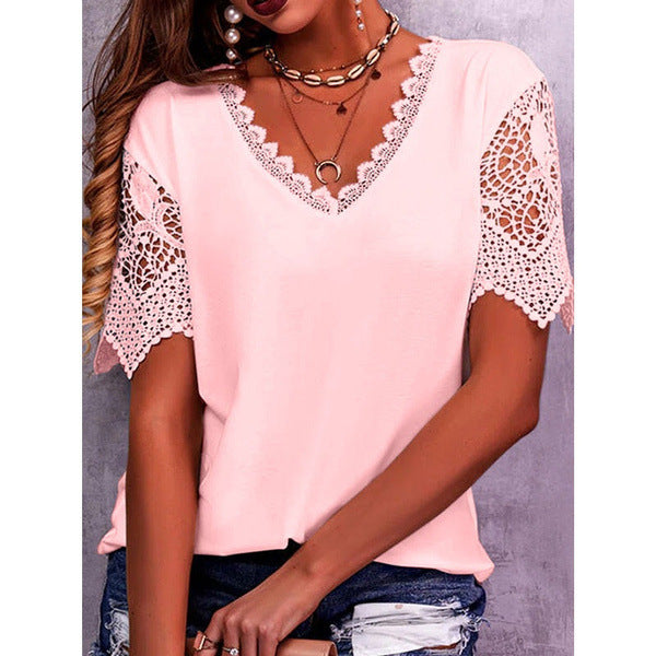 Loose V Neck Short Sleeve Lace Top