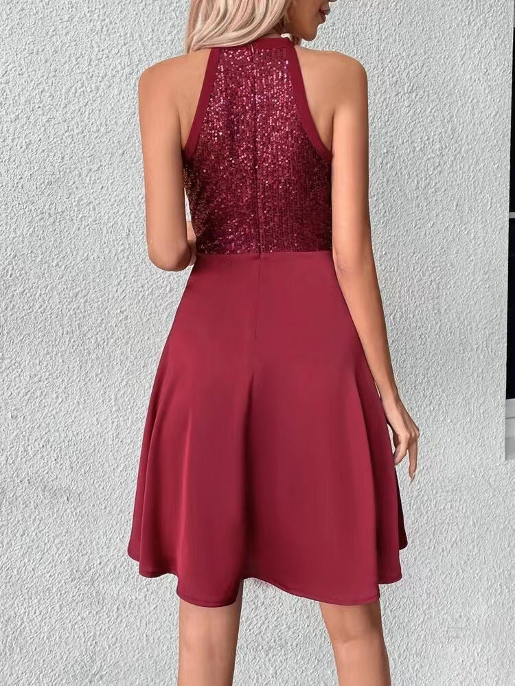 Sequin Stitching Sleeveless Slim Solid Color Dress