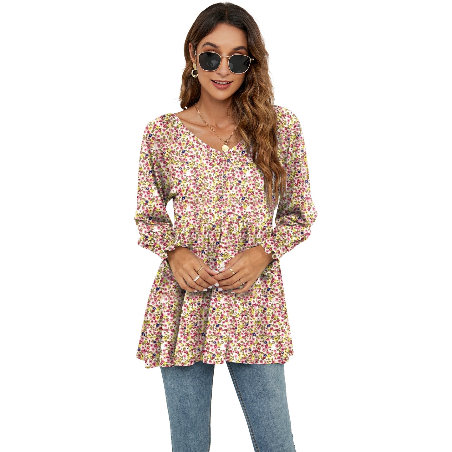 Floral Print Casual V-Neck Long Sleeve Blouse