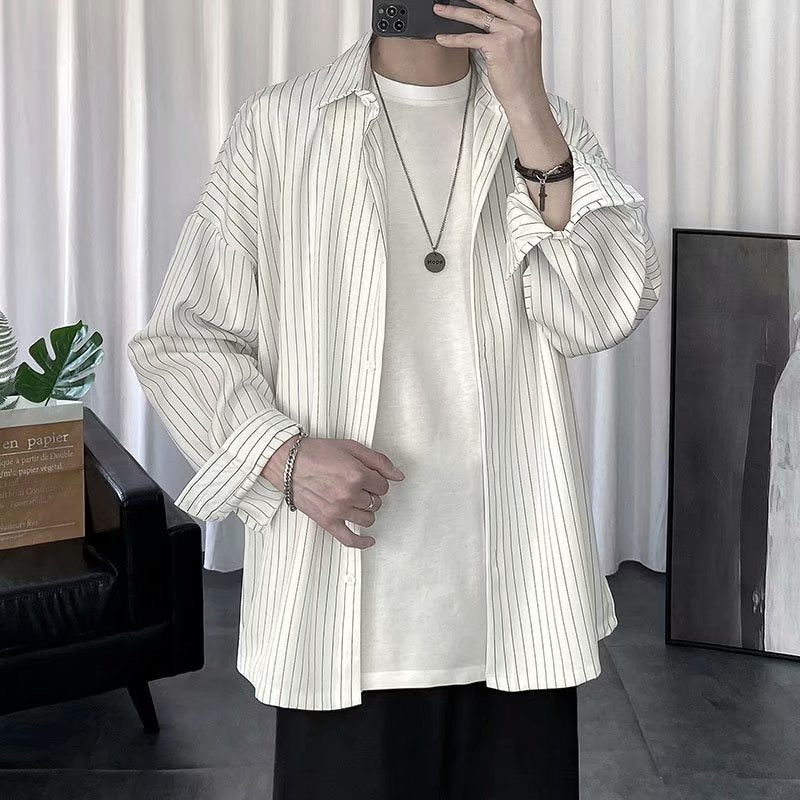 Striped White Shirt Men's Shirt Long Sleeve Casual