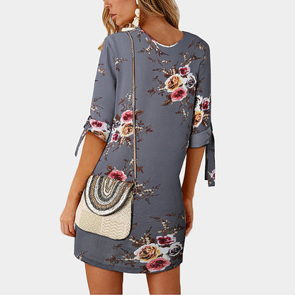 Middle-sleeve Floral-print Lace-up Crew Neck Dress