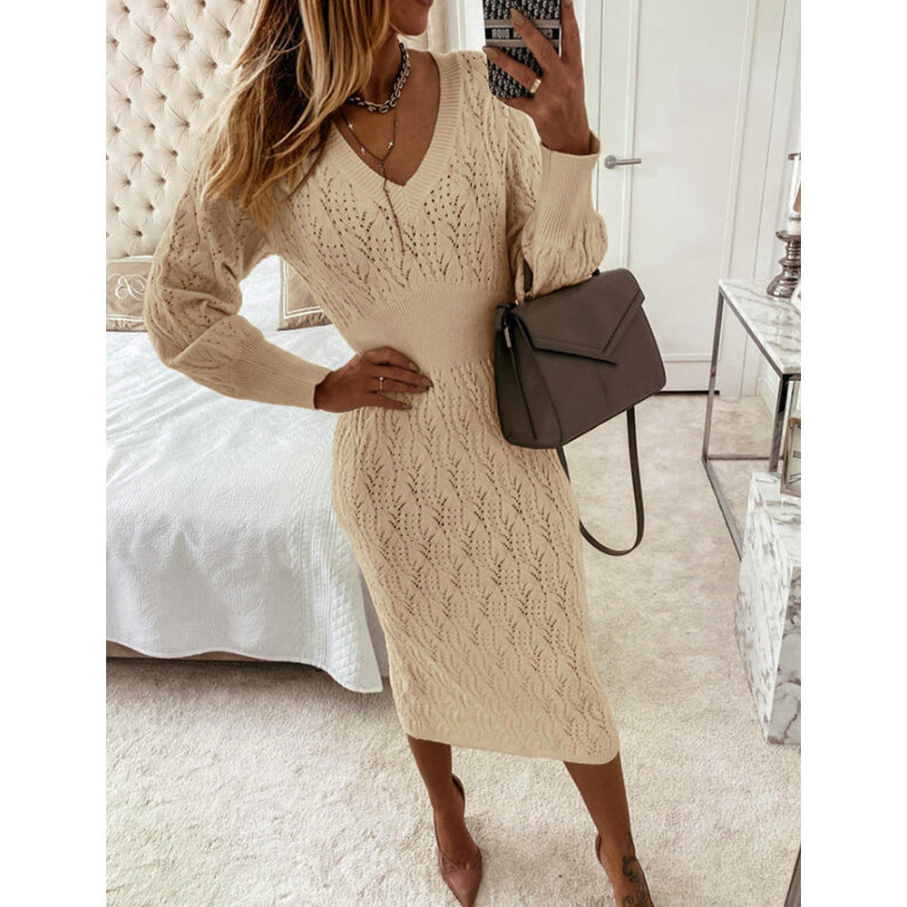 White Long Sleeve Knitwear Women's Sheath Dress