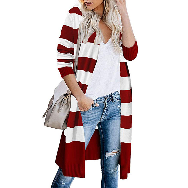 Two Tone Striped Full Length Cardigan