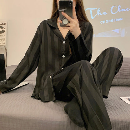 Ice Silk Long Sleeve Striped Button Up Pajama Set