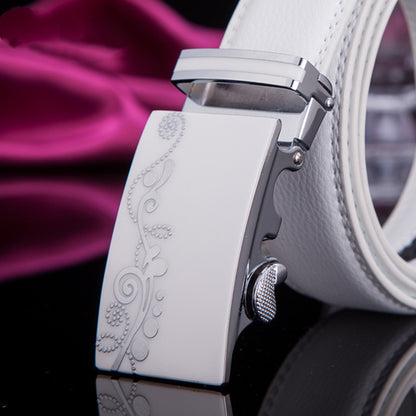 White Leather Alloy Automatic Buckle Belt