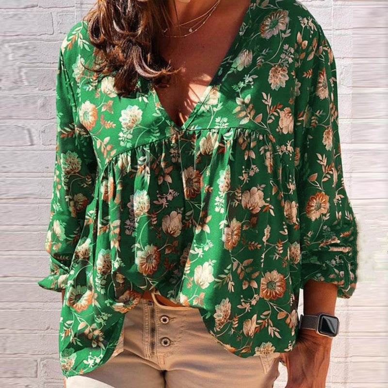 Soft Smooth Casual Floral Print Long-sleeved V Neck Blouse