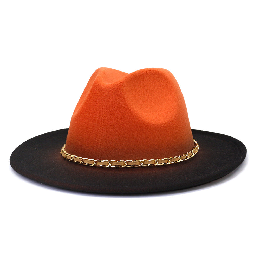 Gold Link Chain Detail Flat Brim Woolen Jazz Hat