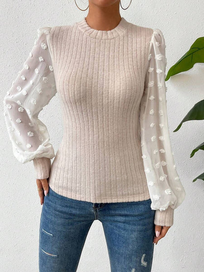 Round Neck Stitching Loose Long Sleeve Knitwear Top