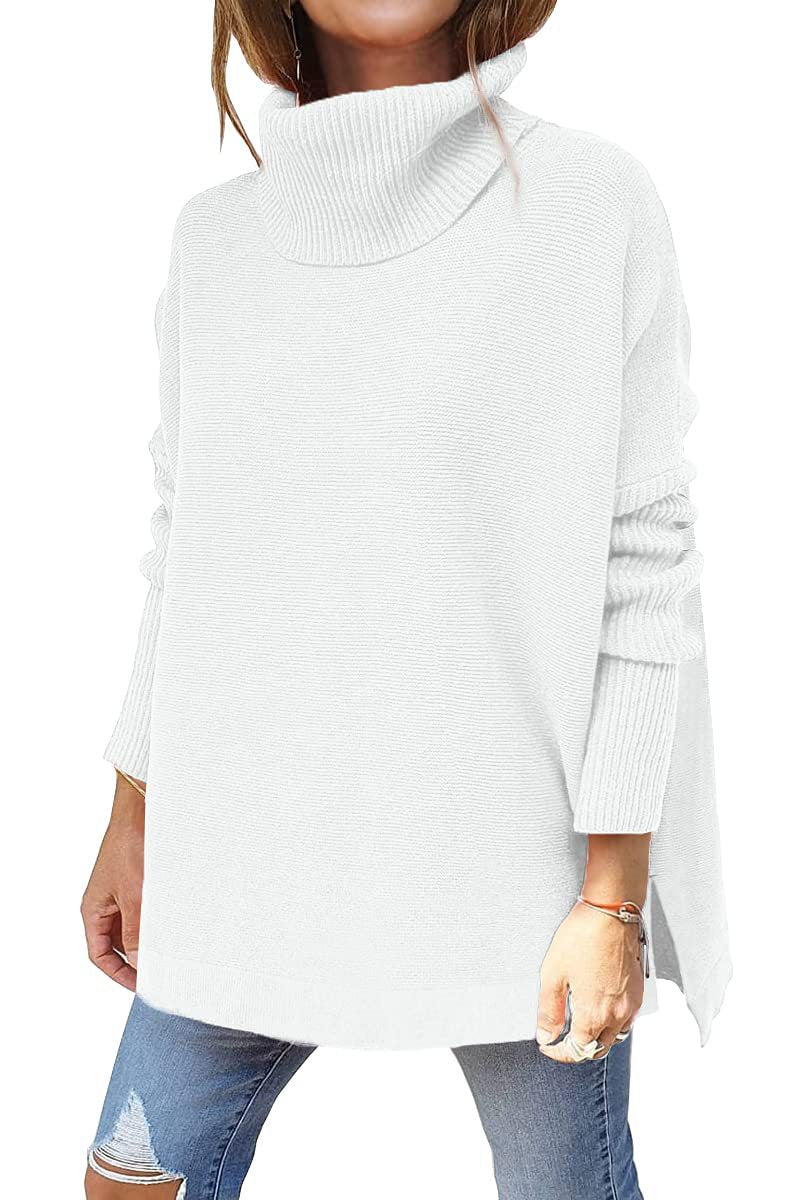 Turtleneck Sweater Mid Length Batwing Sleeve Slit Hem Tunic Pullover