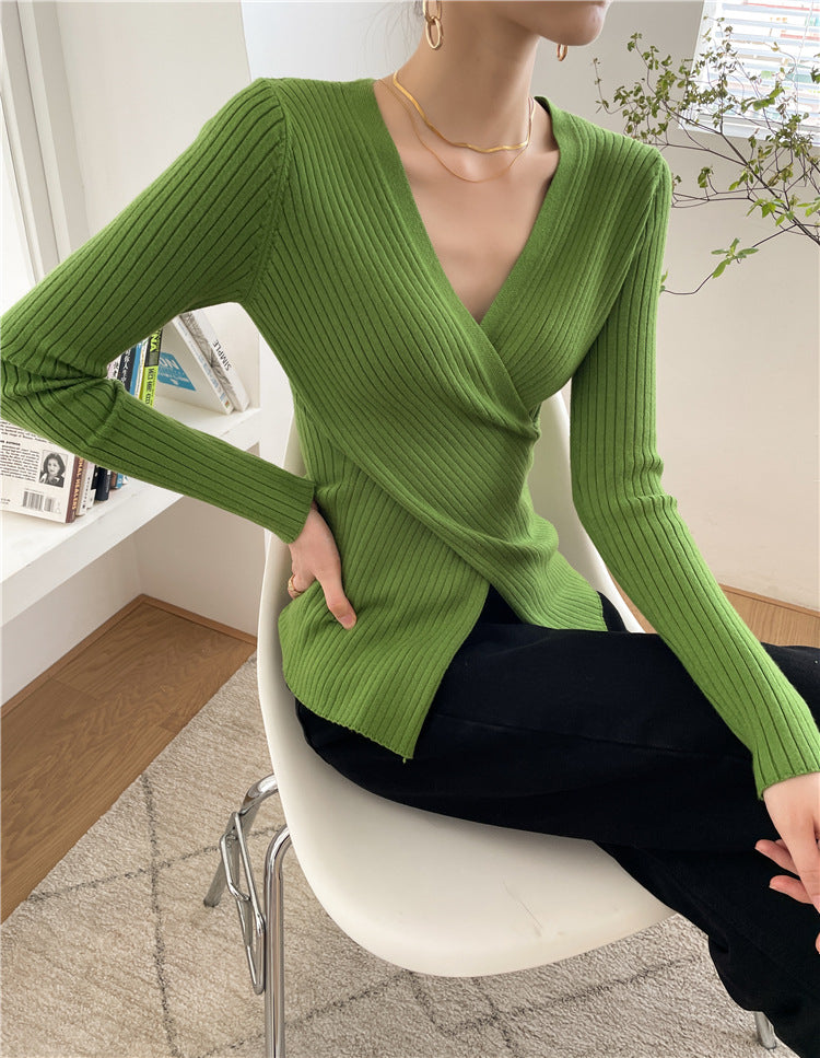 V-neck Cross Design Irregular Slim-fit Knitwear