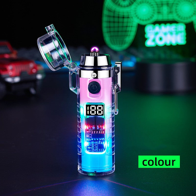 Transparent Shell Dual Arc USB Charging Lighter Outdoor Waterproof LED Colorful Light Power Display Illumination Light Gadgets