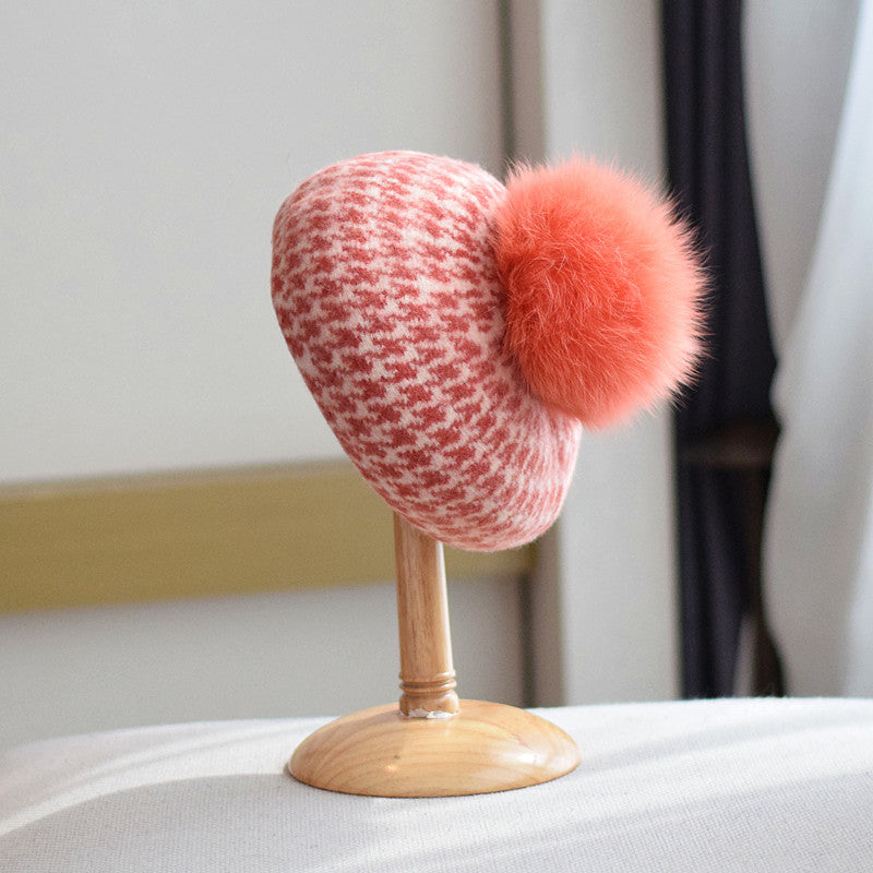 Women's Autumn And Winter Fox Fur Ball Knitted Octagonal beanie