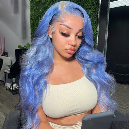 Real Human Hair Sky Blue Body Wave Human Hair Lace Front Wigs